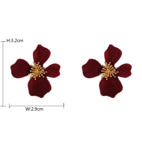 Burgundy Red Flocking Flower in Bloom Floral Stud Earrings NEW - Picture 6 of 7